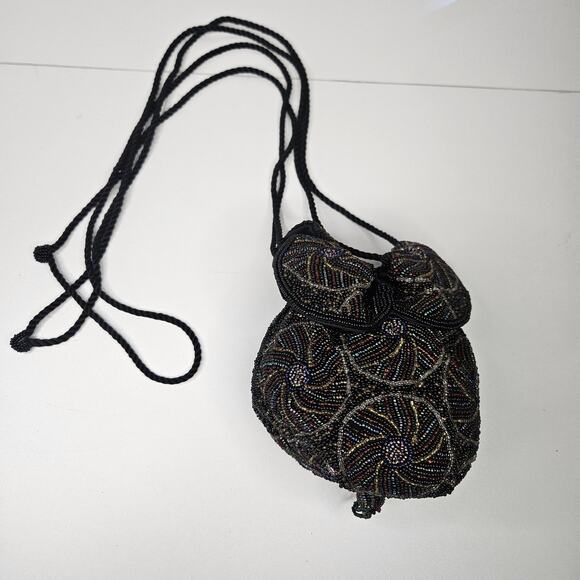 Vintage Black Beaded Floral Cinched Bag Flapper Evening Purse - Picture 1 of 10